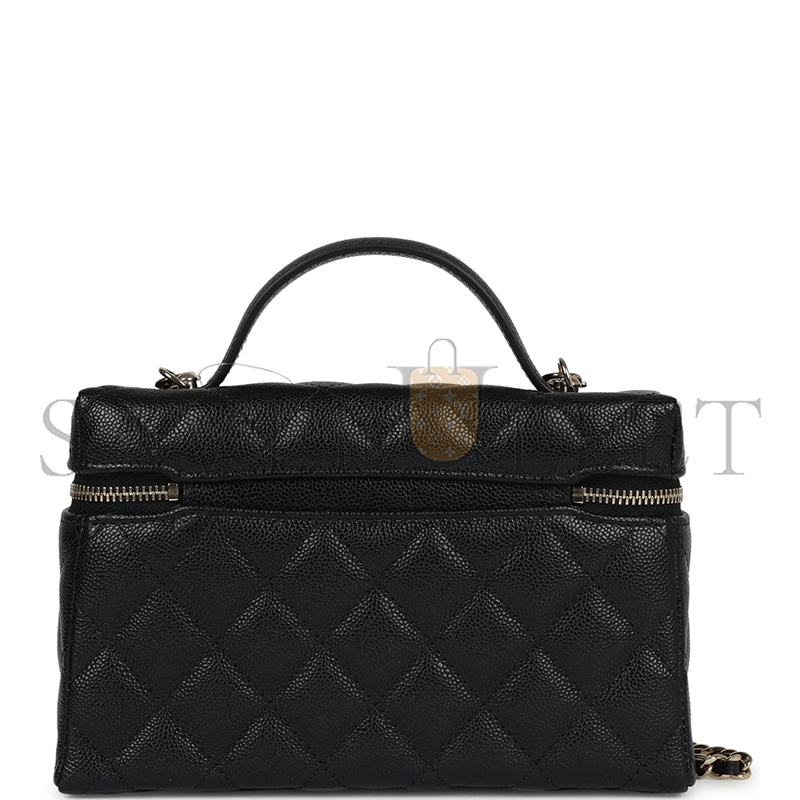 CHANEL CC TOP HANDLE LONG VANITY CASE WITH CHAIN BLACK SHINY CAVIAR LIGHT GOLD HARDWARE 1109942 (19.5*17*5cm)